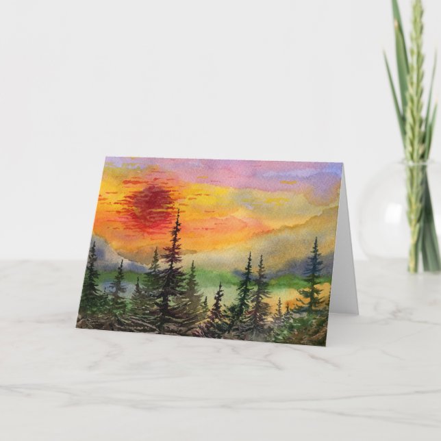 "Red Sun Setting" Pinescape Greeting Card (Front)