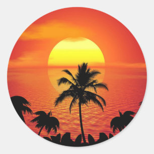 Red Sun Tropical Palm Beach Classic Round Sticker