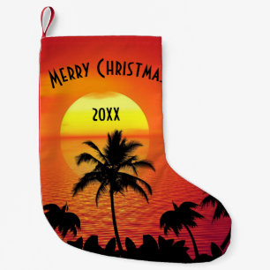 Red Sun Tropical Palm Beach Greeting Year Small Christmas Stocking