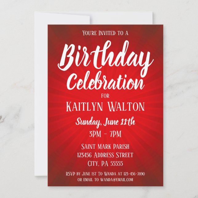 Red Sunburst Birthday Party Invitation (Front)