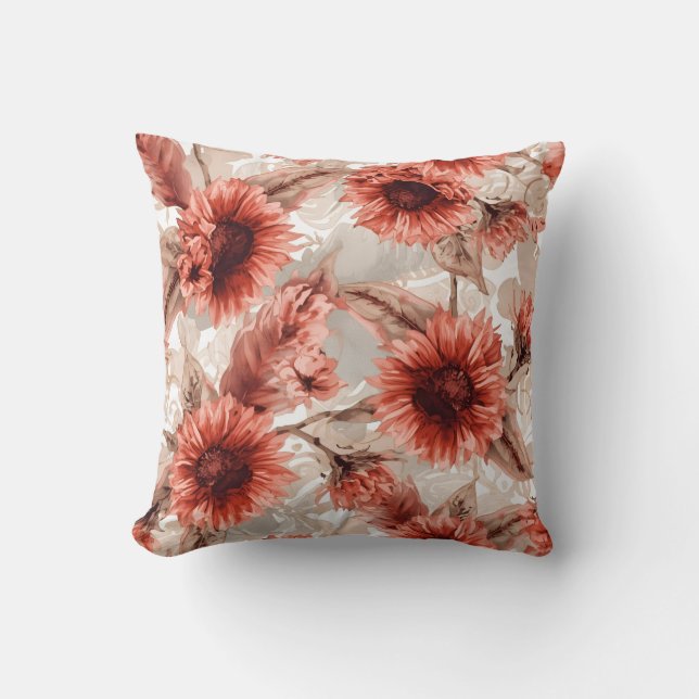 Red Sunflower Floral Pattern Cushion (Front)