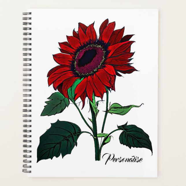 Red Sunflower Flower Pattern Cute White Journal  Planner (Front)