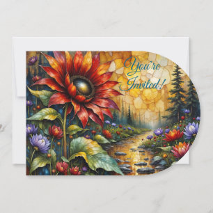 Red Sunflower in valley by stream Invitation