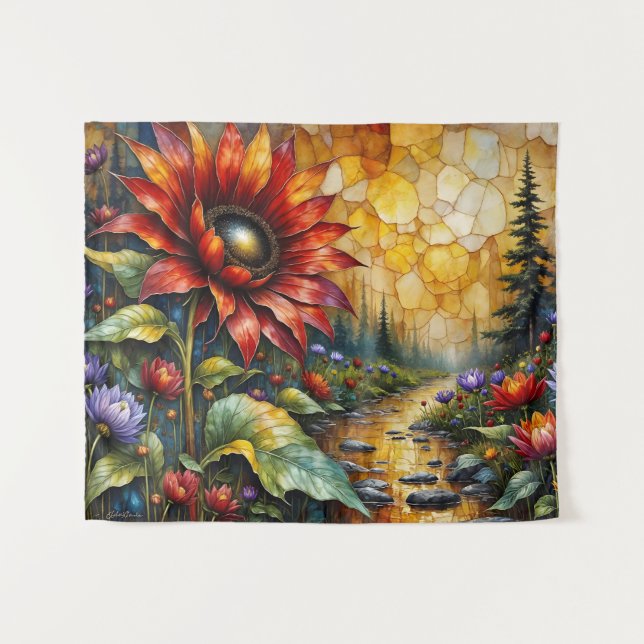 Red Sunflower in valley by stream Tapestry (Front (Horizontal))