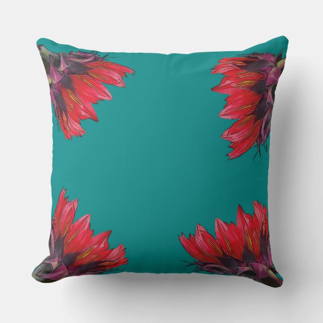 Red Sunflower on Turquoise Throw Pillow (Front)