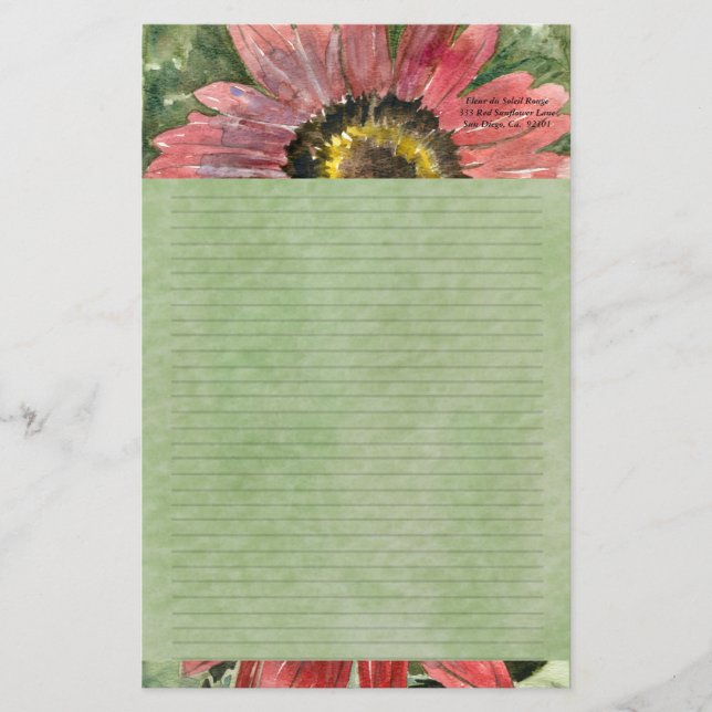 Red Sunflower Watercolor Personalised Stationary Stationery (Front)