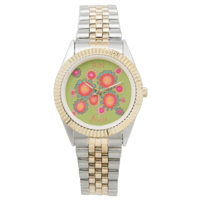 Red SunFlowers Green Graphic  Watch (Front)