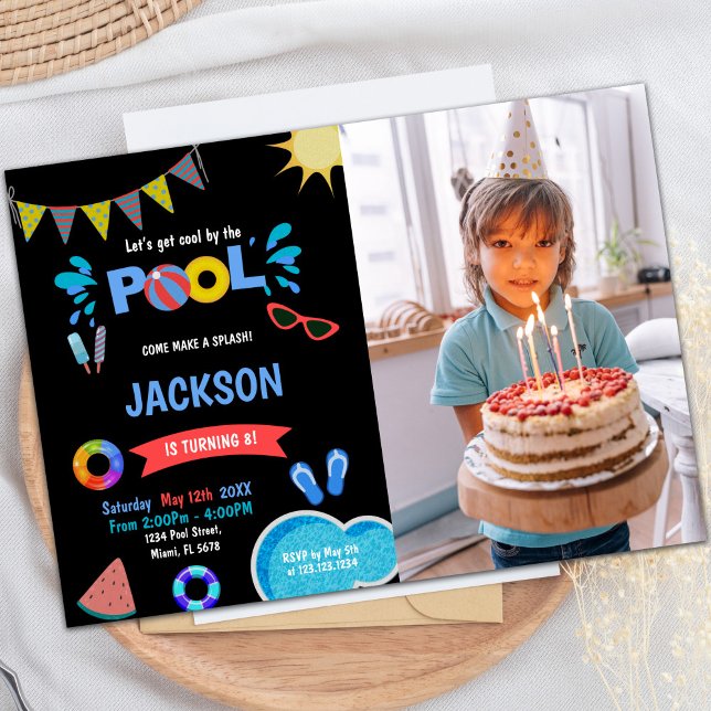 Red Sunglass Pool Birthday Invitations with Photo (Red Sunglass Pool Birthday Invitations w photo)