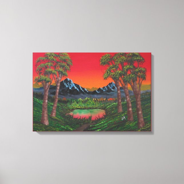 Red Sunset Mountain Forest Lake Canvas Print (Front)