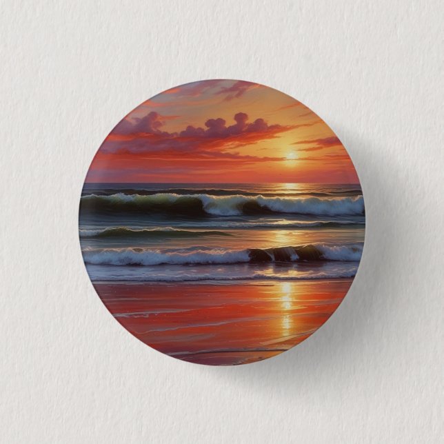 Red Sunset Ocean Seascape Painting Artwork 3 Cm Round Badge (Front)