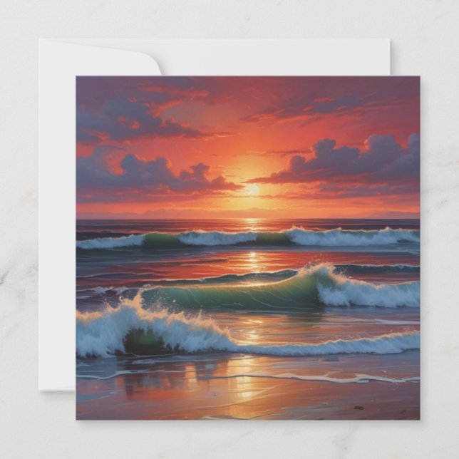 Red Sunset Ocean Seascape Painting Artwork Card (Front)