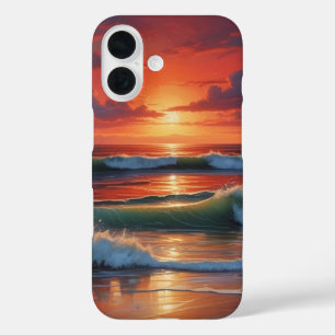 Red Sunset Ocean Seascape Painting Artwork iPhone 16 Case
