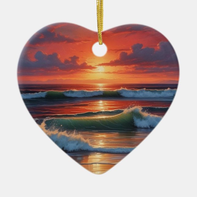 Red Sunset Ocean Seascape Painting Artwork Ceramic Ornament (Front)