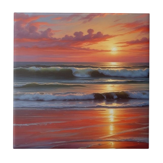 Red Sunset Ocean Seascape Painting Artwork Ceramic Tile (Front)