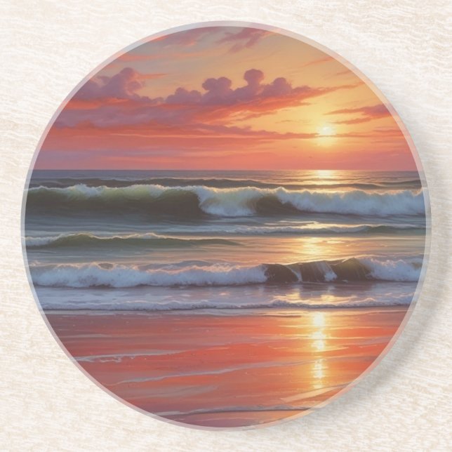 Red Sunset Ocean Seascape Painting Artwork Coaster (Front)