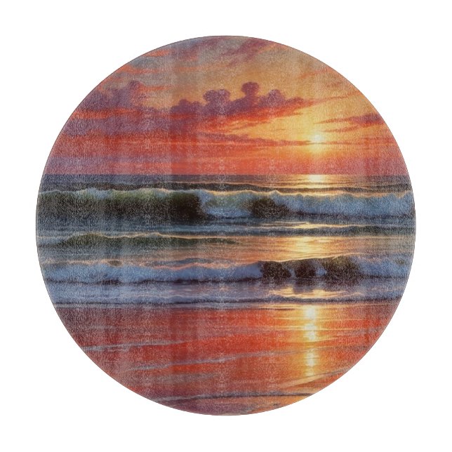 Red Sunset Ocean Seascape Painting Artwork Cutting Board (Front)