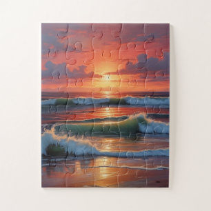 Red Sunset Ocean Seascape Painting Artwork Jigsaw Puzzle