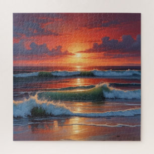 Red Sunset Ocean Seascape Painting Artwork Jigsaw Puzzle