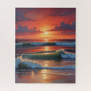 Red Sunset Ocean Seascape Painting Artwork Jigsaw Puzzle