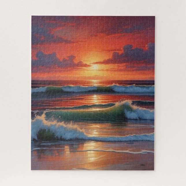 Red Sunset Ocean Seascape Painting Artwork Jigsaw Puzzle (Vertical)