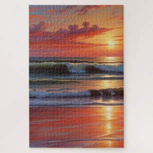 Red Sunset Ocean Seascape Painting Artwork Jigsaw Puzzle
