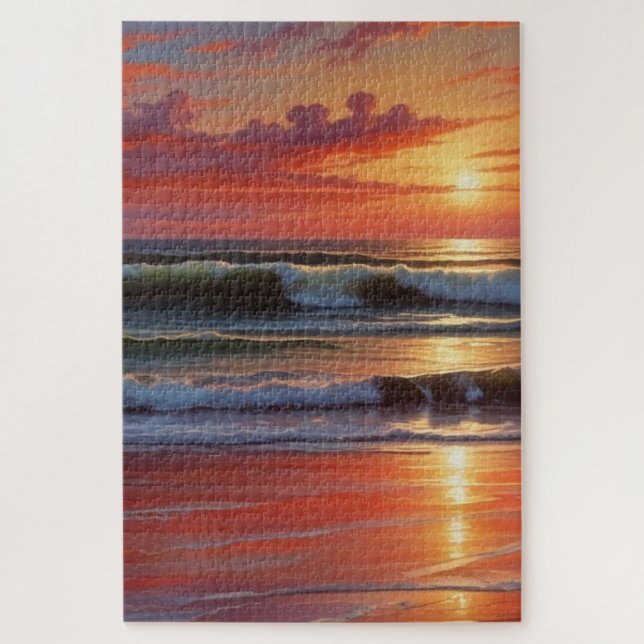 Red Sunset Ocean Seascape Painting Artwork Jigsaw Puzzle (Vertical)