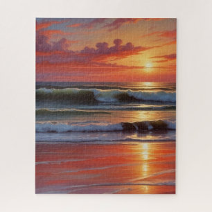 Red Sunset Ocean Seascape Painting Artwork Jigsaw Puzzle