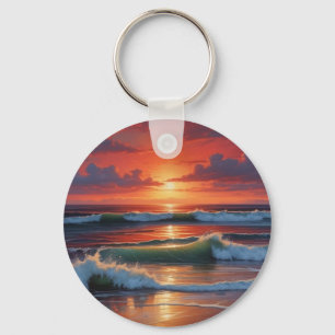Red Sunset Ocean Seascape Painting Artwork Key Ring