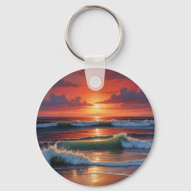 Red Sunset Ocean Seascape Painting Artwork Key Ring (Front)