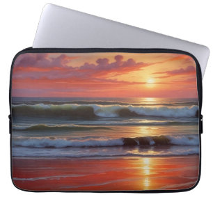Red Sunset Ocean Seascape Painting Artwork Laptop Sleeve