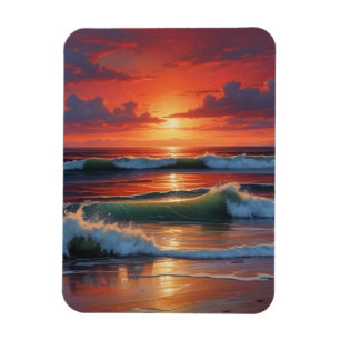 Red Sunset Ocean Seascape Painting Artwork Magnet