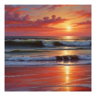 Red Sunset Ocean Seascape Painting Artwork Photo Print