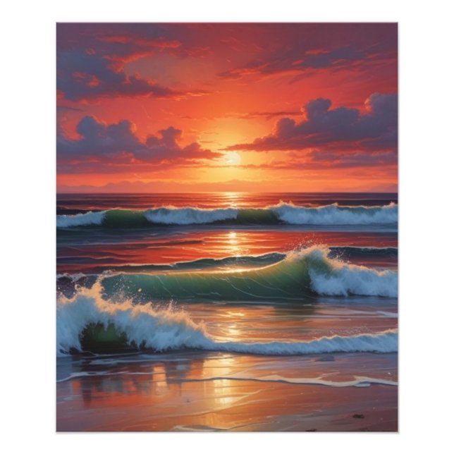 Red Sunset Ocean Seascape Painting Artwork Photo Print (Front)