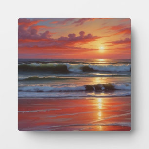 Red Sunset Ocean Seascape Painting Artwork Plaque