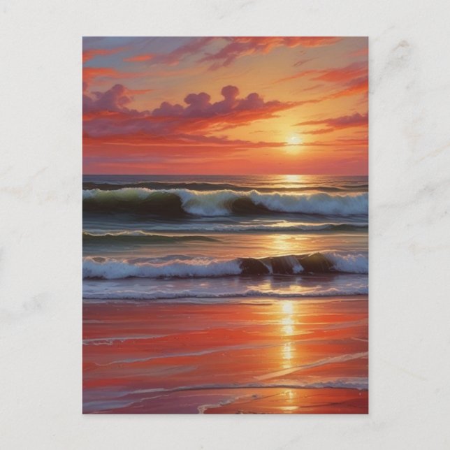 Red Sunset Ocean Seascape Painting Artwork Postcard (Front)