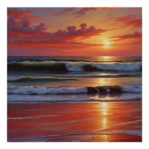Red Sunset Ocean Seascape Painting Artwork Poster