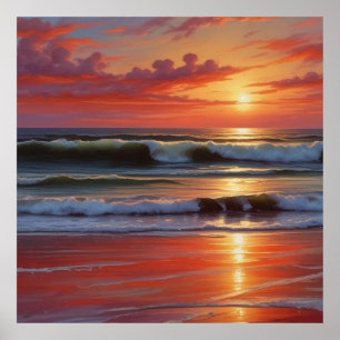 Red Sunset Ocean Seascape Painting Artwork Poster