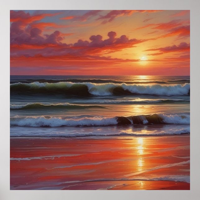 Red Sunset Ocean Seascape Painting Artwork Poster (Front)