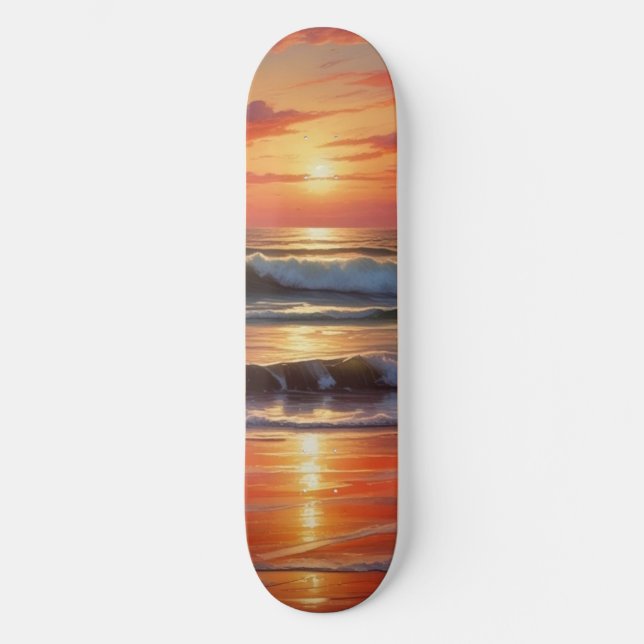 Red Sunset Ocean Seascape Painting Artwork Skateboard (Front)
