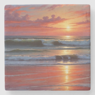 Red Sunset Ocean Seascape Painting Artwork Stone Coaster