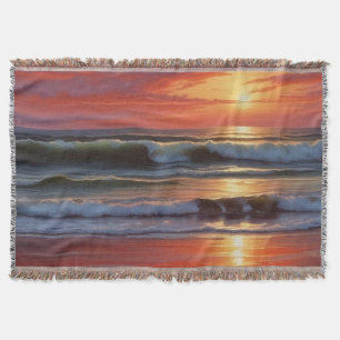 Red Sunset Ocean Seascape Painting Artwork Throw Blanket