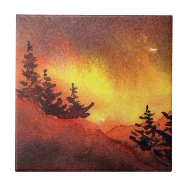 Red sunset original art Pine Tree  Tile (Front)