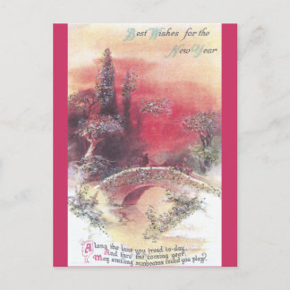 Red Sunset Over Bridge Vintage New Year's Card