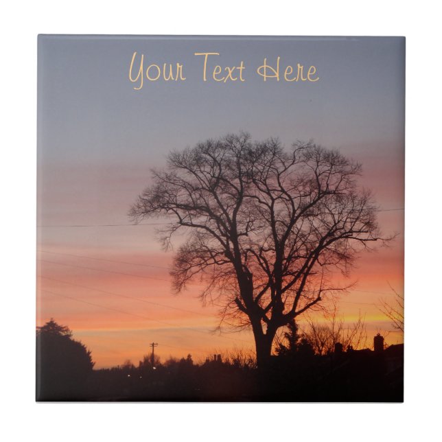 red sunset sky black silhouette trees ceramic tile (Front)