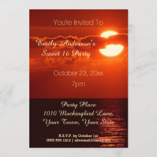 Red Sunset Summer Beach Theme Sweet 16 Birthday Invitation