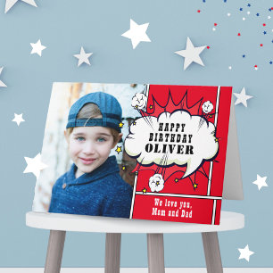 Red Superhero Comic Boy Photo Birthday Card