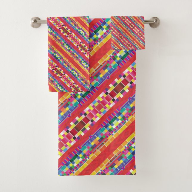 red swatches, stripes, and colourful pixels bath towel set (Insitu)