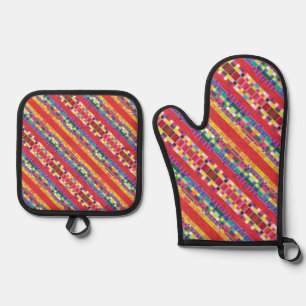 red swatches, stripes, and colourful pixels oven mitt & pot holder set