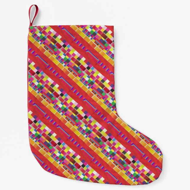 red swatches, stripes, and colourful pixels small christmas stocking (Front)