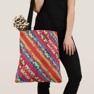 red swatches, stripes, and colourful pixels tote bag